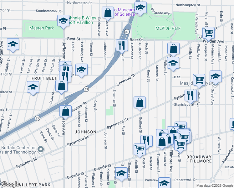 map of restaurants, bars, coffee shops, grocery stores, and more near 246 Fox Street in Buffalo