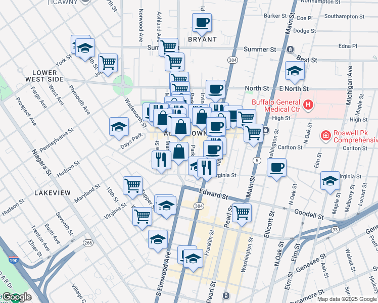 map of restaurants, bars, coffee shops, grocery stores, and more near 58 Park Street in Buffalo