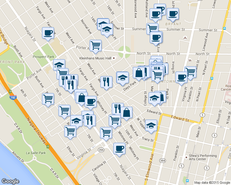 map of restaurants, bars, coffee shops, grocery stores, and more near 269 Hudson Street in Buffalo