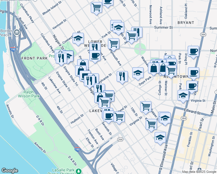 map of restaurants, bars, coffee shops, grocery stores, and more near 36 Fargo Avenue in Buffalo