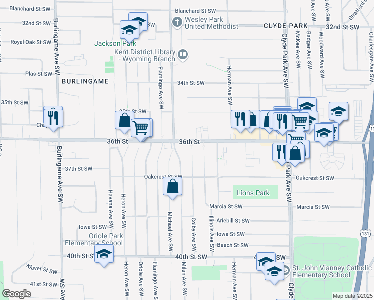 map of restaurants, bars, coffee shops, grocery stores, and more near 1132 36th Street in Wyoming