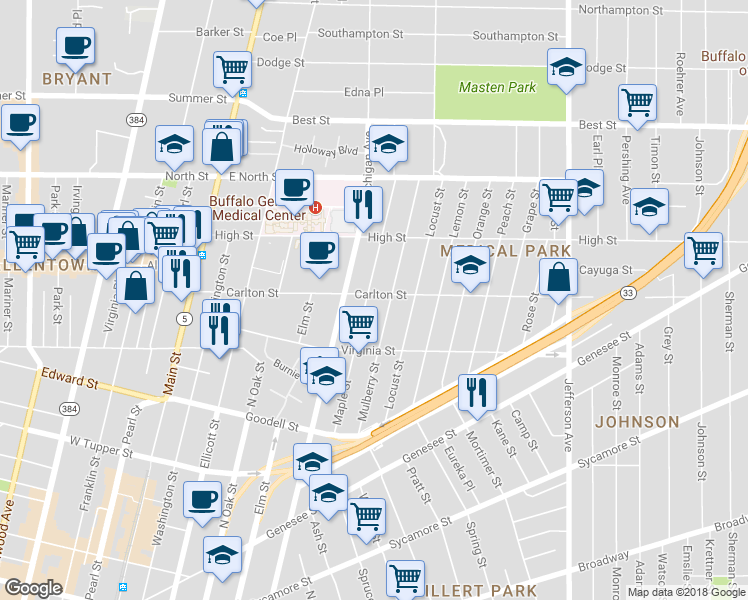 map of restaurants, bars, coffee shops, grocery stores, and more near 203 Maple Street in Buffalo