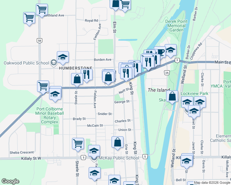 map of restaurants, bars, coffee shops, grocery stores, and more near in Port Colborne