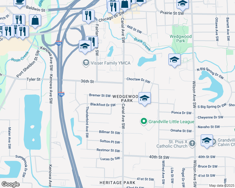 map of restaurants, bars, coffee shops, grocery stores, and more near 4437 Bremer Street Southwest in Grandville