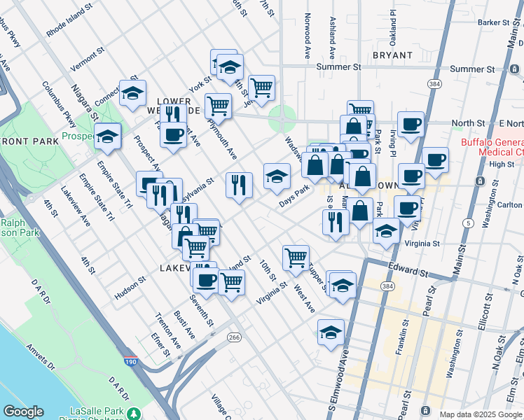 map of restaurants, bars, coffee shops, grocery stores, and more near 269 Hudson Street in Buffalo