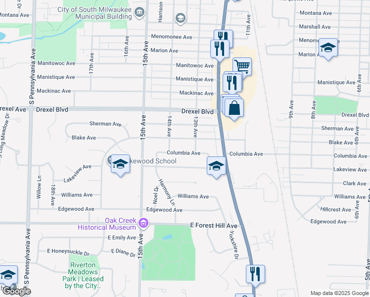 map of restaurants, bars, coffee shops, grocery stores, and more near 1312 Columbia Avenue in South Milwaukee