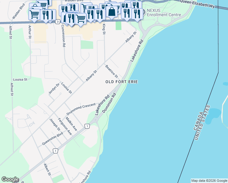map of restaurants, bars, coffee shops, grocery stores, and more near 266 Lakeshore Road in Fort Erie