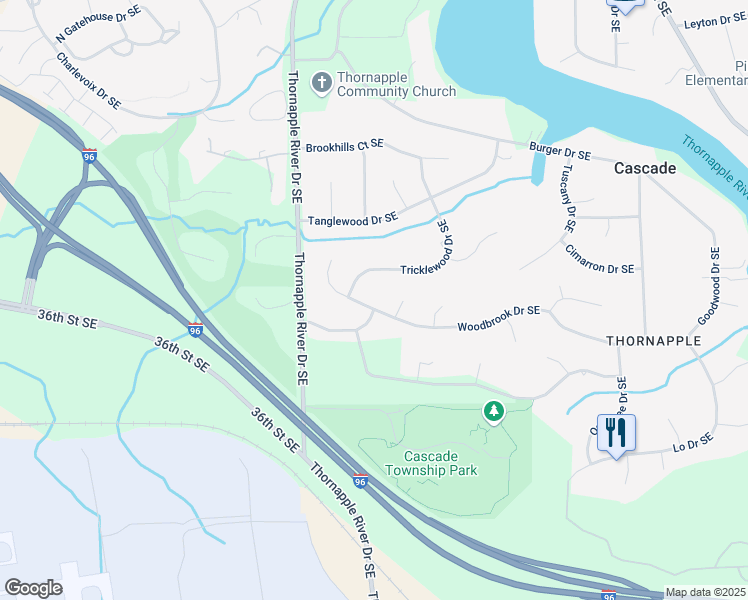 map of restaurants, bars, coffee shops, grocery stores, and more near 6525 Woodbrook Drive Southeast in Grand Rapids