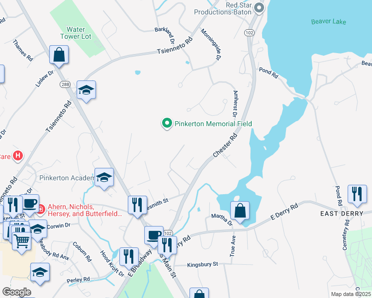 map of restaurants, bars, coffee shops, grocery stores, and more near 3 Pembroke Drive in Derry