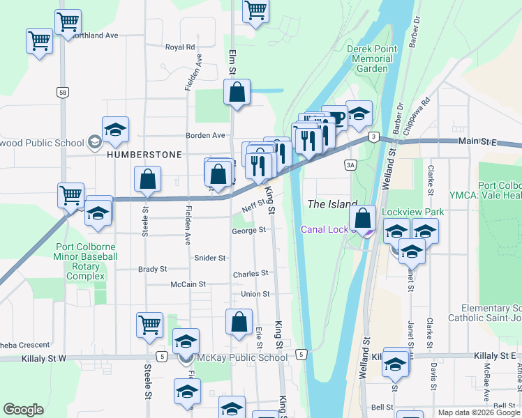 map of restaurants, bars, coffee shops, grocery stores, and more near 804 King Street in Port Colborne