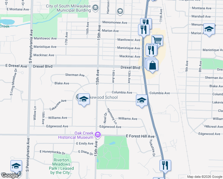 map of restaurants, bars, coffee shops, grocery stores, and more near 3310 14th Avenue in South Milwaukee