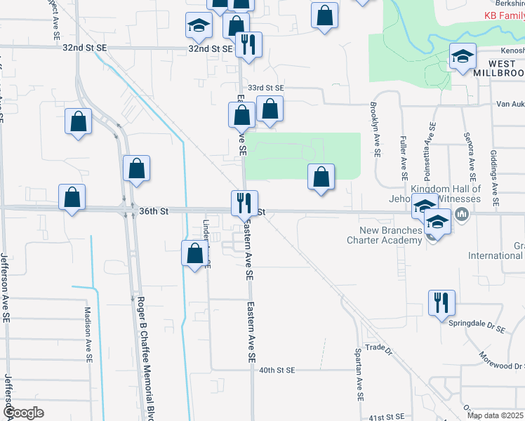 map of restaurants, bars, coffee shops, grocery stores, and more near 36th Street Southeast in Grand Rapids