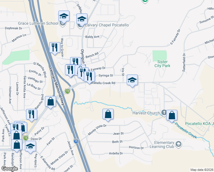 map of restaurants, bars, coffee shops, grocery stores, and more near 1745 Pocatello Creek Road in Pocatello