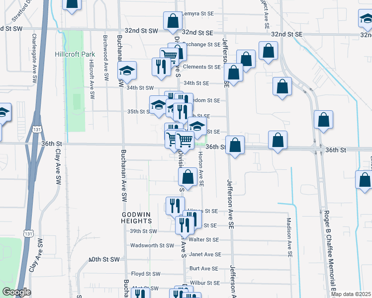 map of restaurants, bars, coffee shops, grocery stores, and more near 8 36th Street Southeast in Grand Rapids
