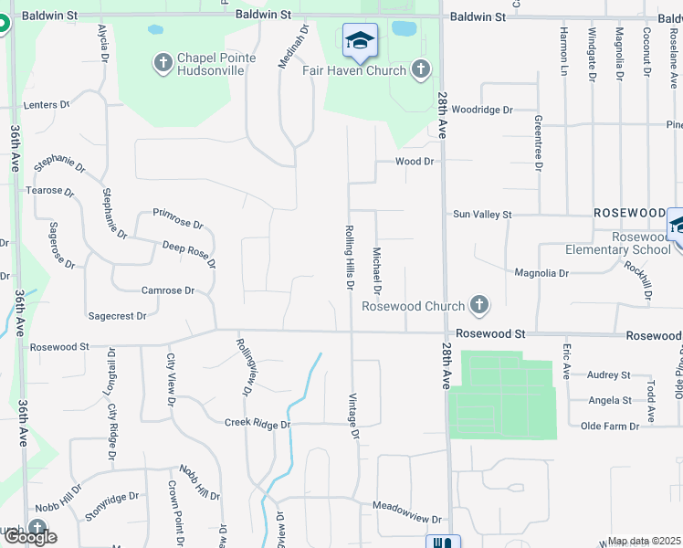 map of restaurants, bars, coffee shops, grocery stores, and more near 7109 Rolling Hills Drive in Hudsonville