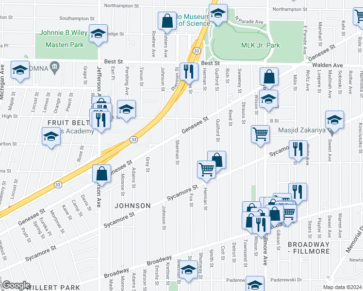 map of restaurants, bars, coffee shops, grocery stores, and more near 541 Sherman Street in Buffalo