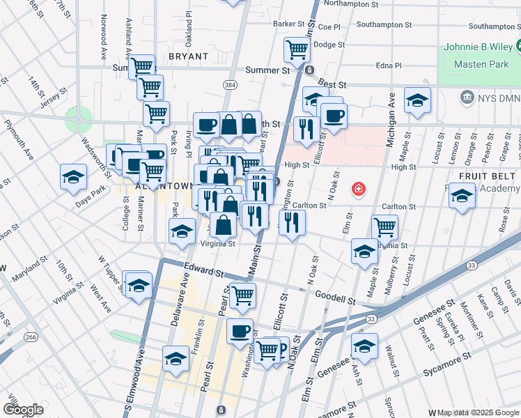 map of restaurants, bars, coffee shops, grocery stores, and more near in Buffalo