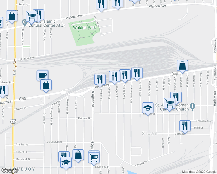 map of restaurants, bars, coffee shops, grocery stores, and more near 2043 Broadway in Buffalo