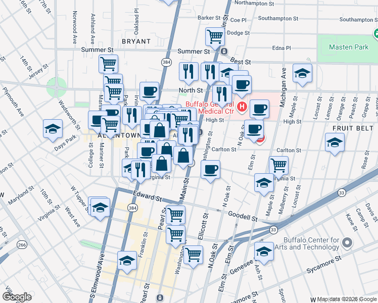 map of restaurants, bars, coffee shops, grocery stores, and more near in Buffalo