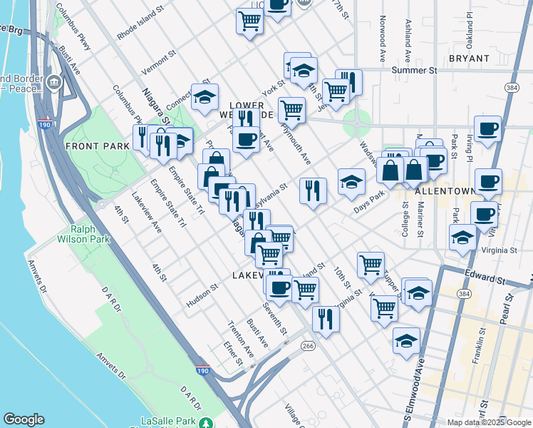 map of restaurants, bars, coffee shops, grocery stores, and more near 388 Prospect Avenue in Buffalo