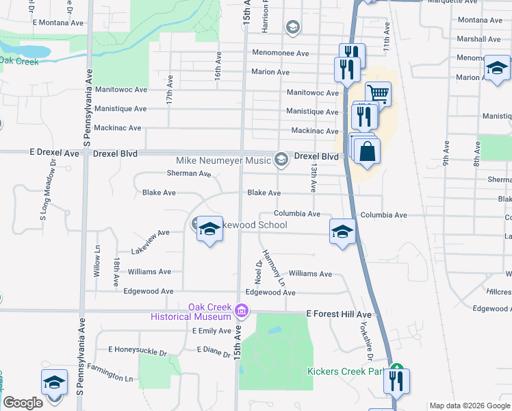 map of restaurants, bars, coffee shops, grocery stores, and more near 1420 Columbia Avenue in South Milwaukee