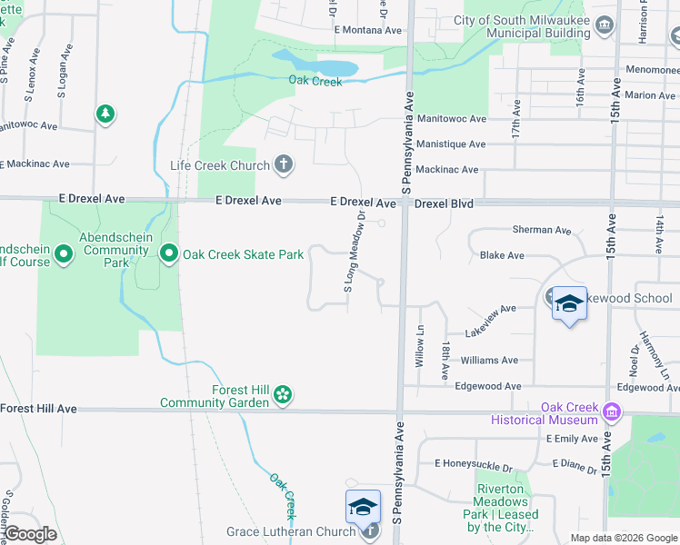 map of restaurants, bars, coffee shops, grocery stores, and more near 8021 South Long Meadow Drive in Oak Creek