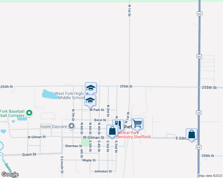 map of restaurants, bars, coffee shops, grocery stores, and more near 1485-1489 255th St in Sheffield