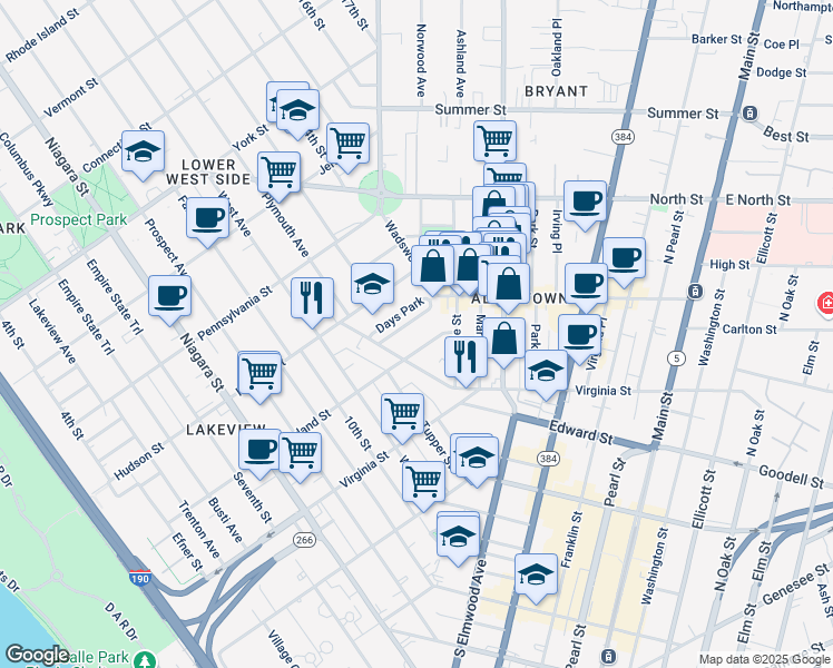 map of restaurants, bars, coffee shops, grocery stores, and more near 35 Days Park in Buffalo