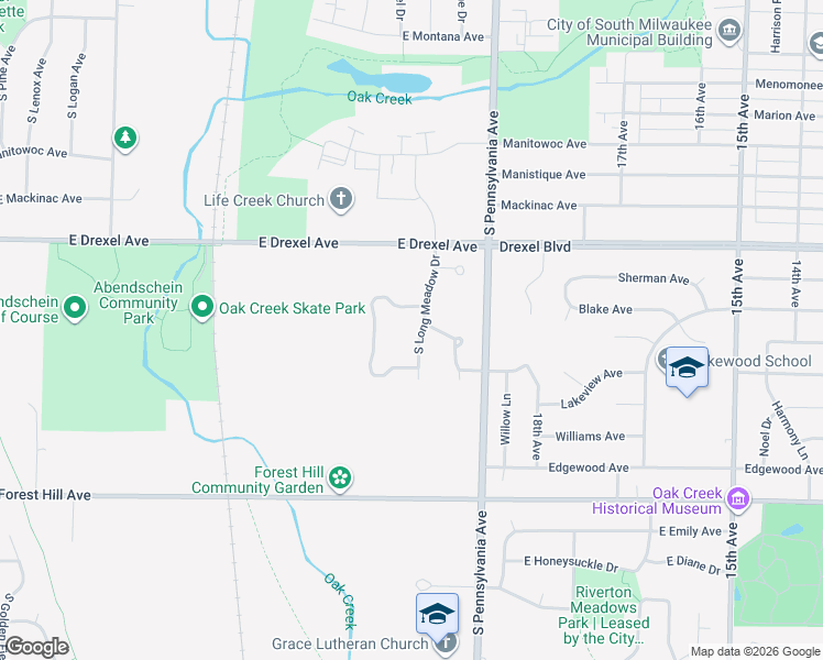 map of restaurants, bars, coffee shops, grocery stores, and more near 8021 South Long Meadow Drive in Oak Creek