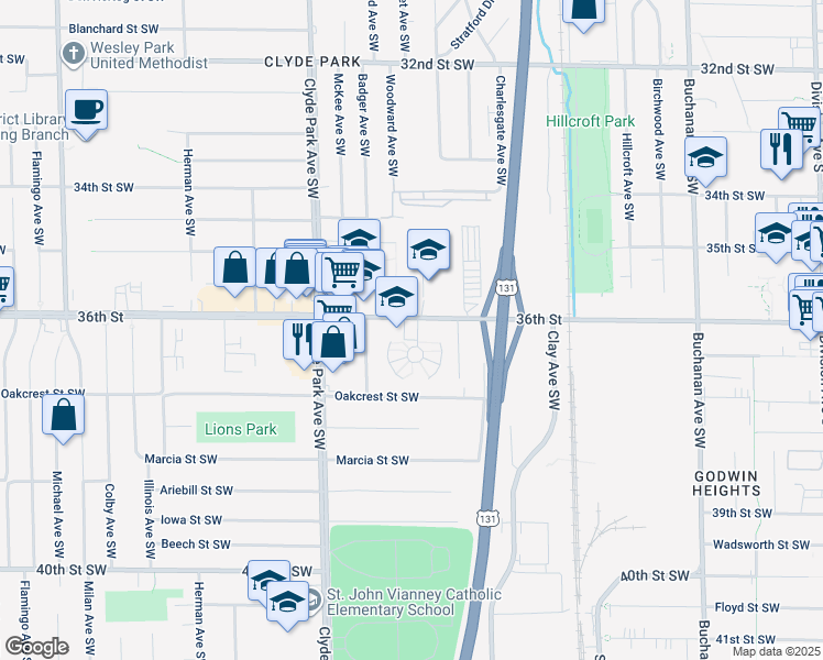 map of restaurants, bars, coffee shops, grocery stores, and more near 646 36th Street Southwest in Wyoming