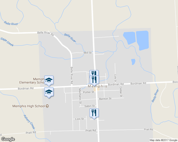 map of restaurants, bars, coffee shops, grocery stores, and more near 34825 East Maple Street in Memphis