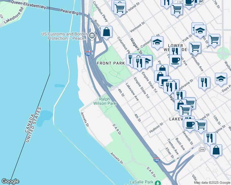 map of restaurants, bars, coffee shops, grocery stores, and more near 640 4th Street in Buffalo