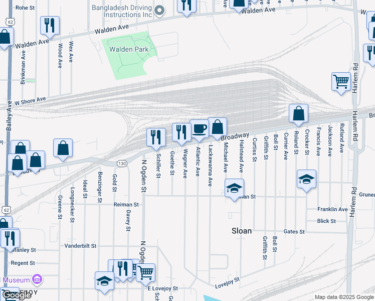 map of restaurants, bars, coffee shops, grocery stores, and more near 375 Wagner Avenue in Buffalo