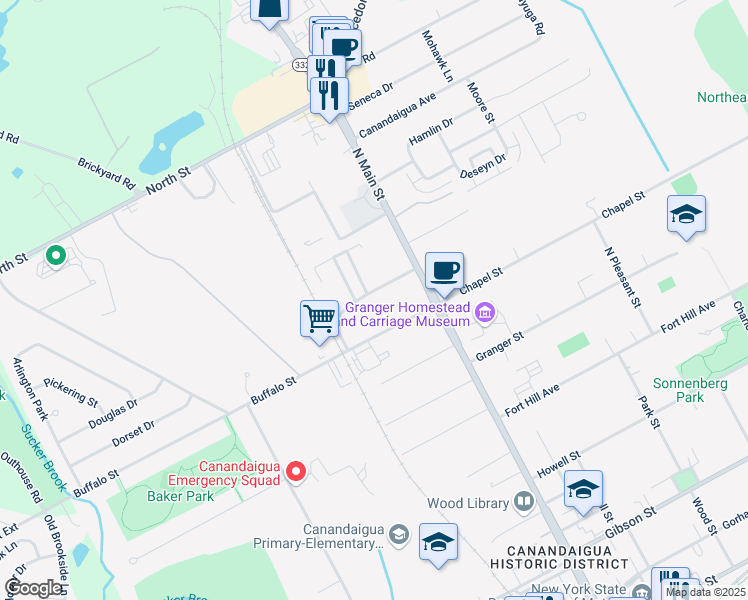 map of restaurants, bars, coffee shops, grocery stores, and more near 125 Camelot Drive in Canandaigua