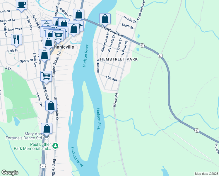 map of restaurants, bars, coffee shops, grocery stores, and more near 170 North Pearl Street in Mechanicville