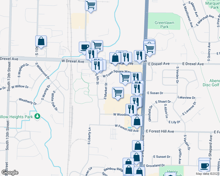 map of restaurants, bars, coffee shops, grocery stores, and more near 8000 South Market Street in Oak Creek