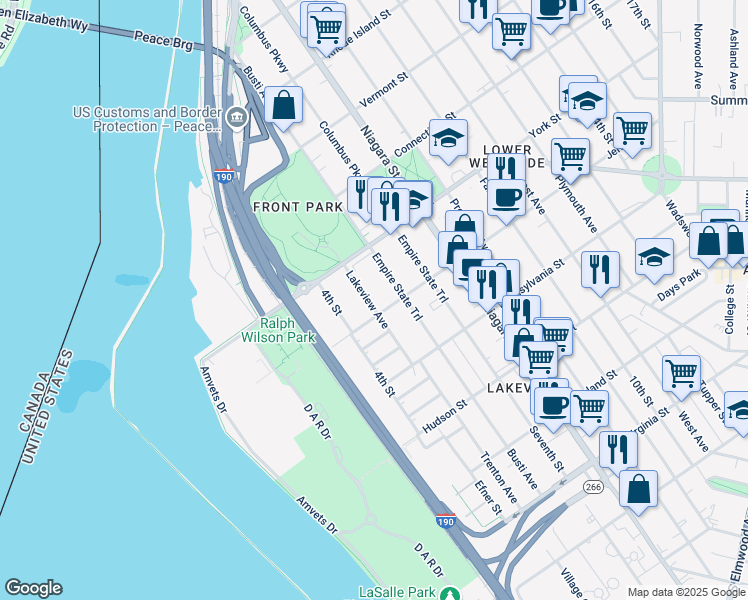 map of restaurants, bars, coffee shops, grocery stores, and more near 83 Lakeview Avenue in Buffalo