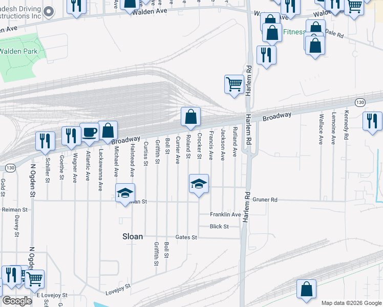 map of restaurants, bars, coffee shops, grocery stores, and more near 231 Roland Street in Buffalo
