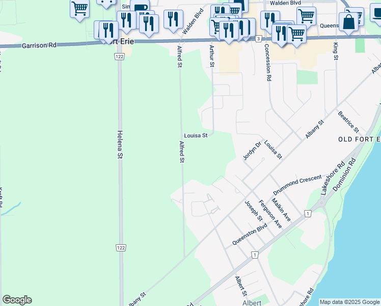map of restaurants, bars, coffee shops, grocery stores, and more near in Fort Erie