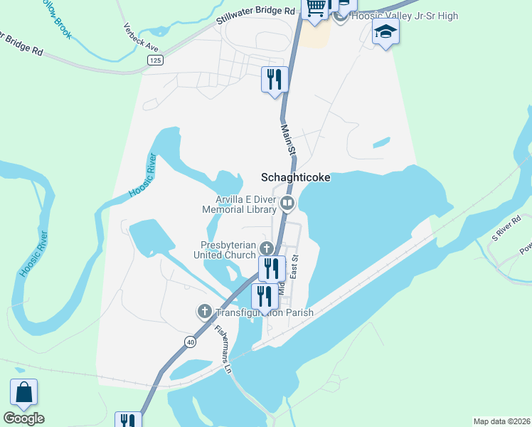 map of restaurants, bars, coffee shops, grocery stores, and more near 27 School Street in Schaghticoke