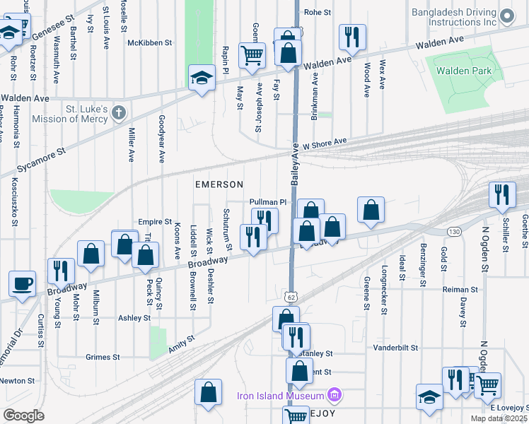map of restaurants, bars, coffee shops, grocery stores, and more near 61 Shepard Street in Buffalo