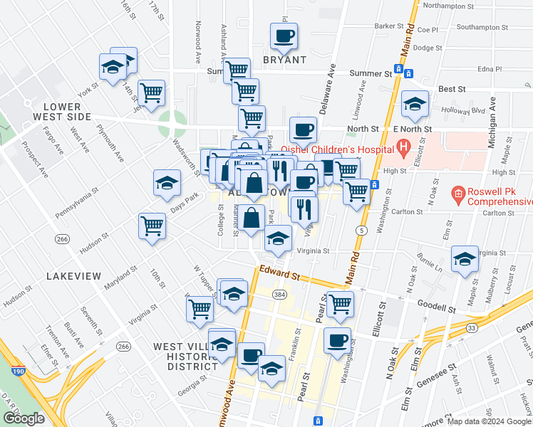 map of restaurants, bars, coffee shops, grocery stores, and more near 58 Park Street in Buffalo