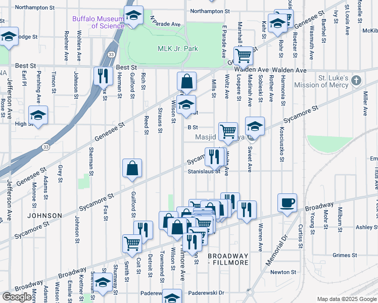 map of restaurants, bars, coffee shops, grocery stores, and more near 923 Fillmore Avenue in Buffalo