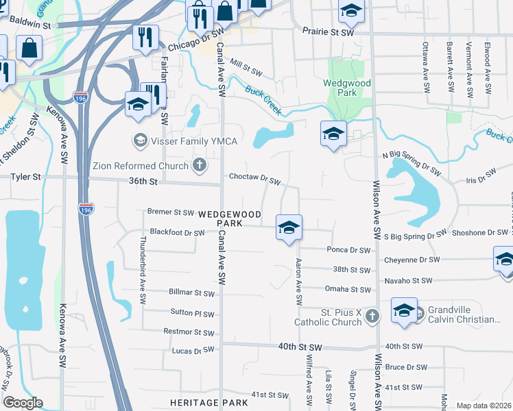 map of restaurants, bars, coffee shops, grocery stores, and more near 3651 Pawnee Dr SW in Grandville