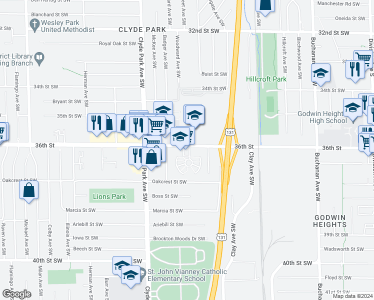 map of restaurants, bars, coffee shops, grocery stores, and more near 648 36th Street Southwest in Wyoming