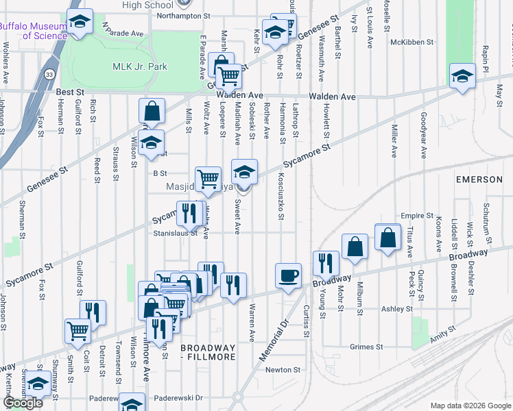 map of restaurants, bars, coffee shops, grocery stores, and more near 149 Sobieski Street in Buffalo