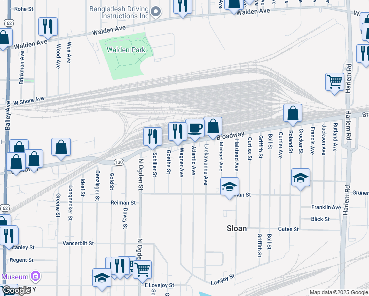 map of restaurants, bars, coffee shops, grocery stores, and more near 2079 Broadway in Buffalo