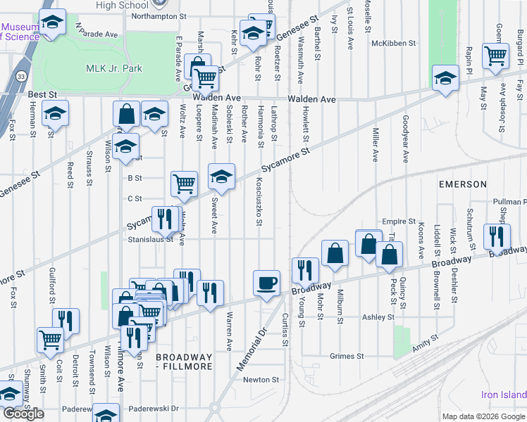 map of restaurants, bars, coffee shops, grocery stores, and more near 130 Kosciuszko Street in Buffalo