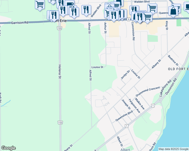 map of restaurants, bars, coffee shops, grocery stores, and more near in Fort Erie
