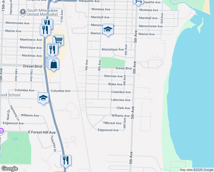 map of restaurants, bars, coffee shops, grocery stores, and more near 713 Blake Avenue in South Milwaukee